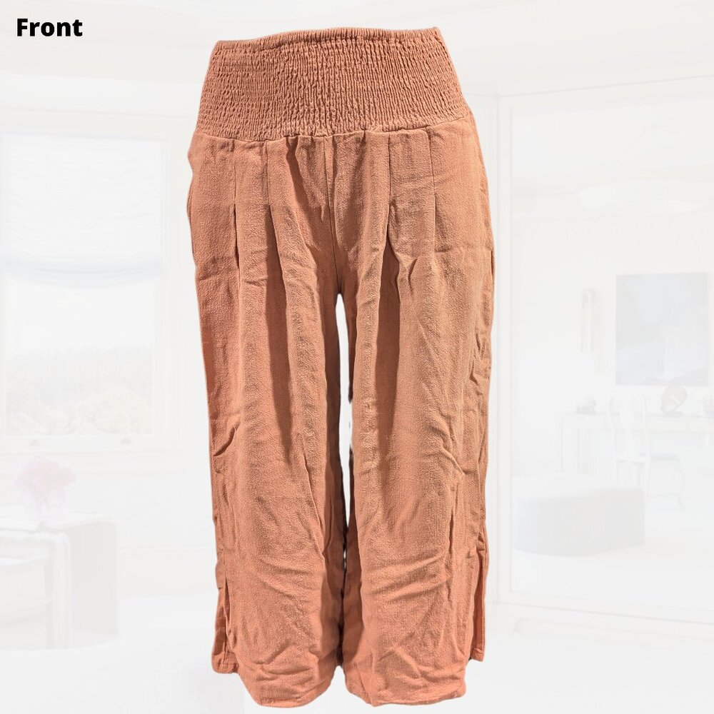[EUC] Linen/Rayon Blend wide leg Casual pants - smocked waist - size S (orange)